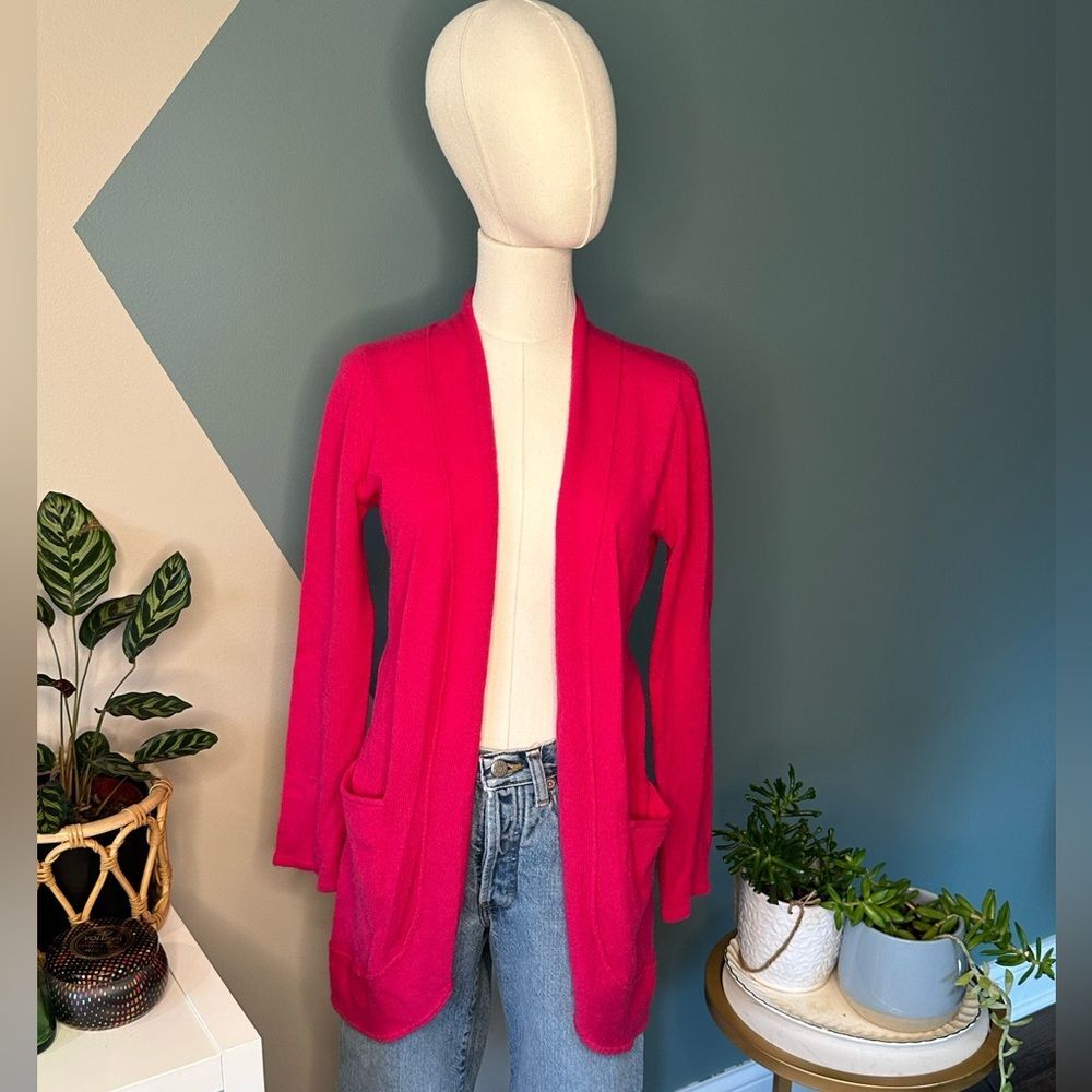 Kate & Mallory 100% Cashmere Open Front Long Cardigan Sweater Bright Pink Medium